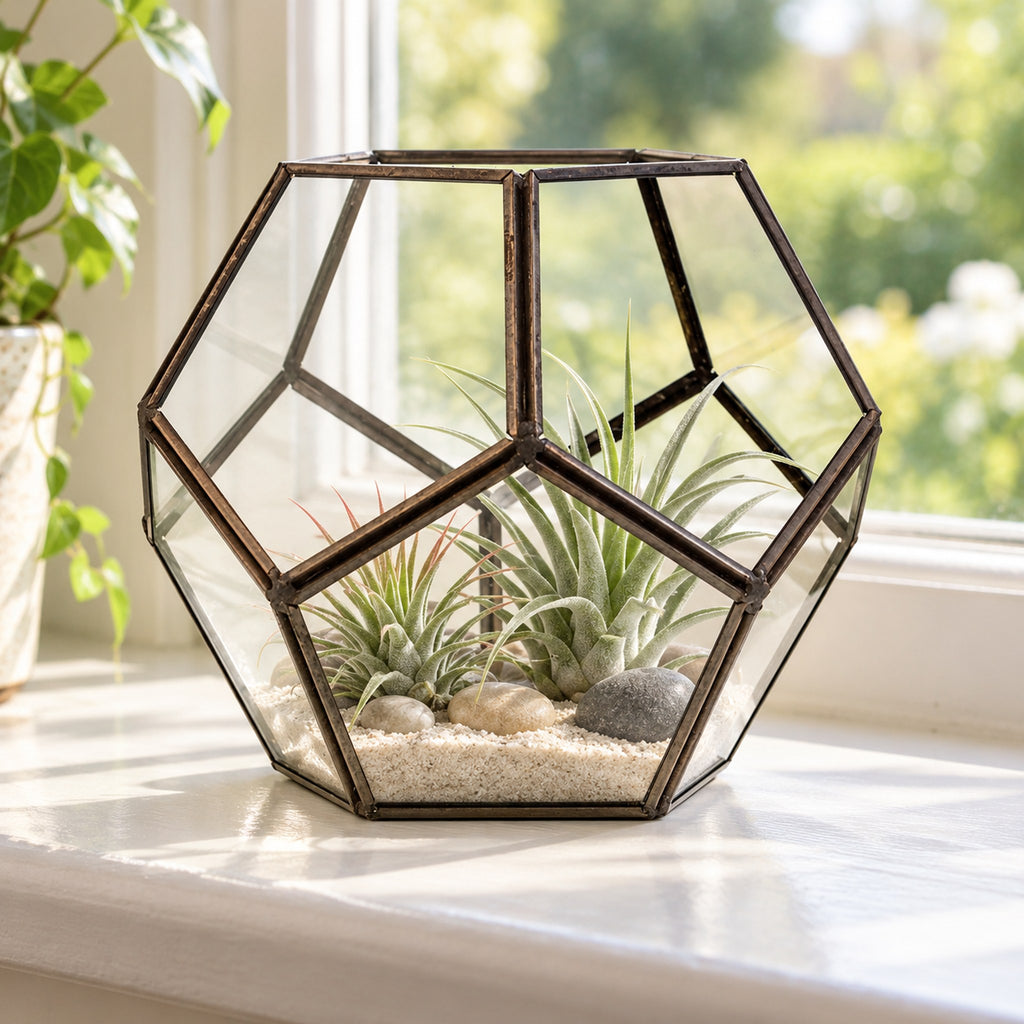 Large geometric glass terrarium with two air plants on pale sand and pebbles, on a sunny windowsill