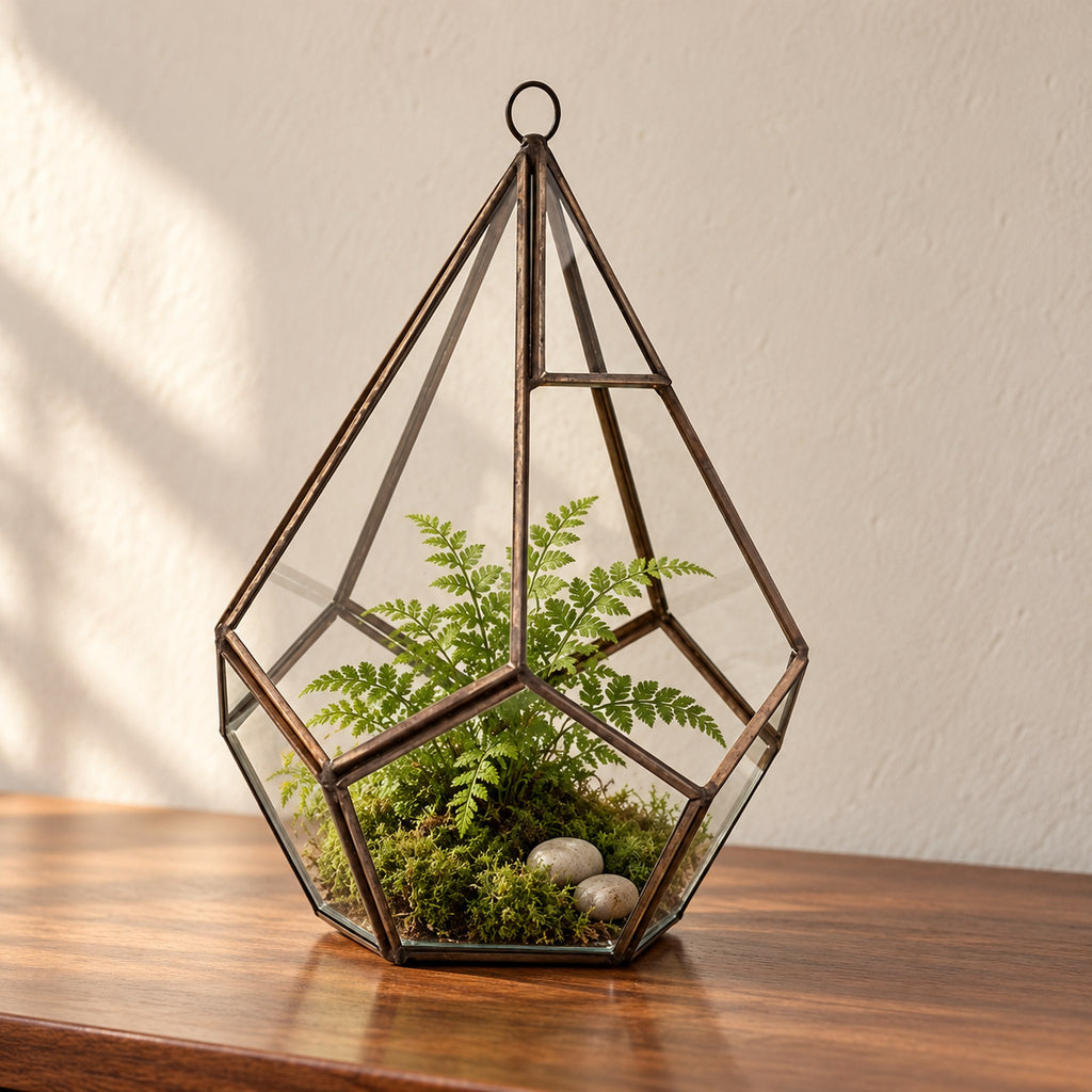 Large pentagon glass terrarium planted with a fern, moss and pebbles, on a walnut sideboard