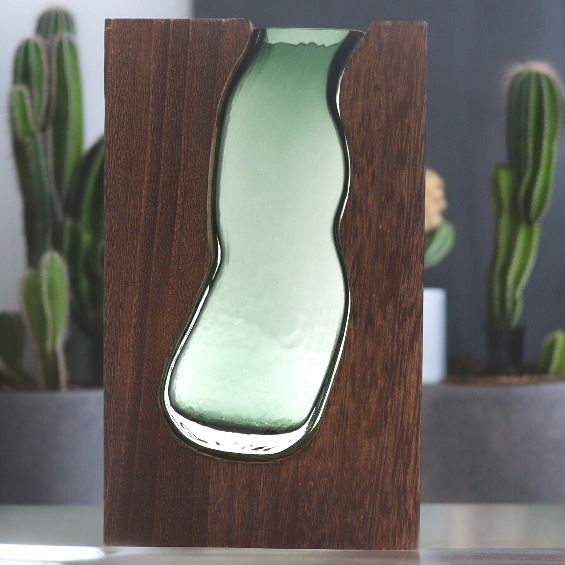 Lrg Glass Vase/Terrarium inside Dark Tung Wood - Molten Root