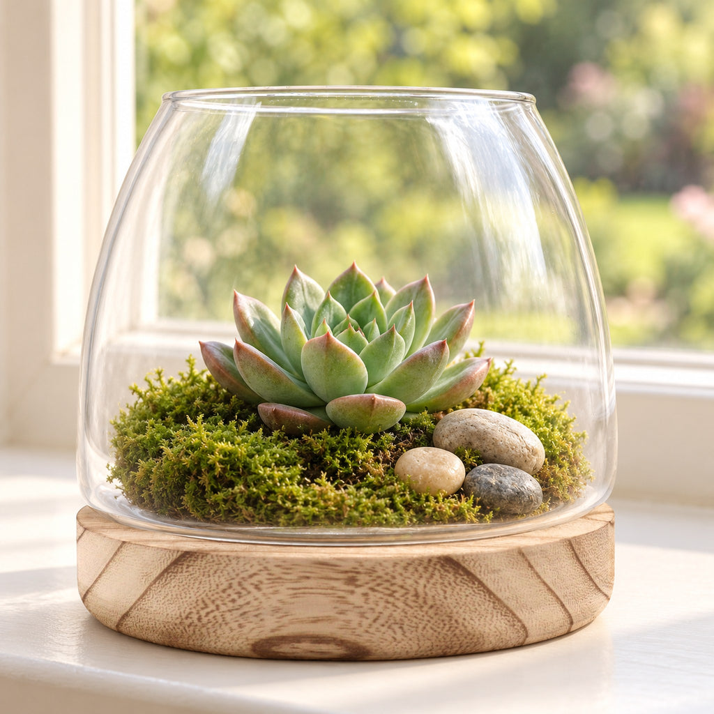 Medium glass terrarium on natural tung wood with a succulent on moss and pebbles, on a windowsill