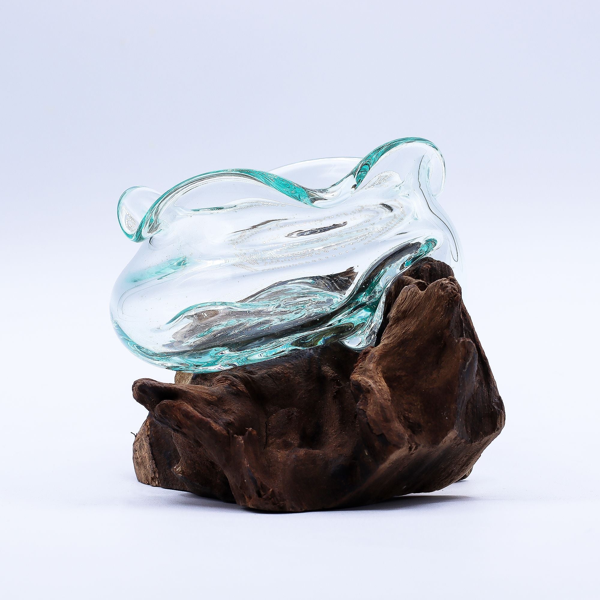 Molten Glass on Wood Bowl, 18cm Wavy (Hand-Blown Recycled Glass) - Molten Root