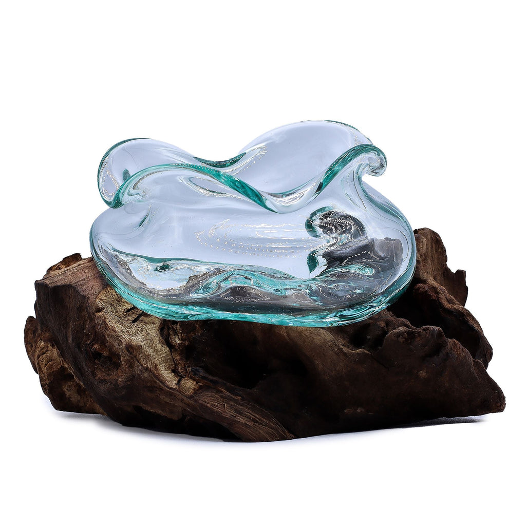 Molten Glass on Wood Bowl, 18cm Wavy (Hand-Blown Recycled Glass) - Molten Root