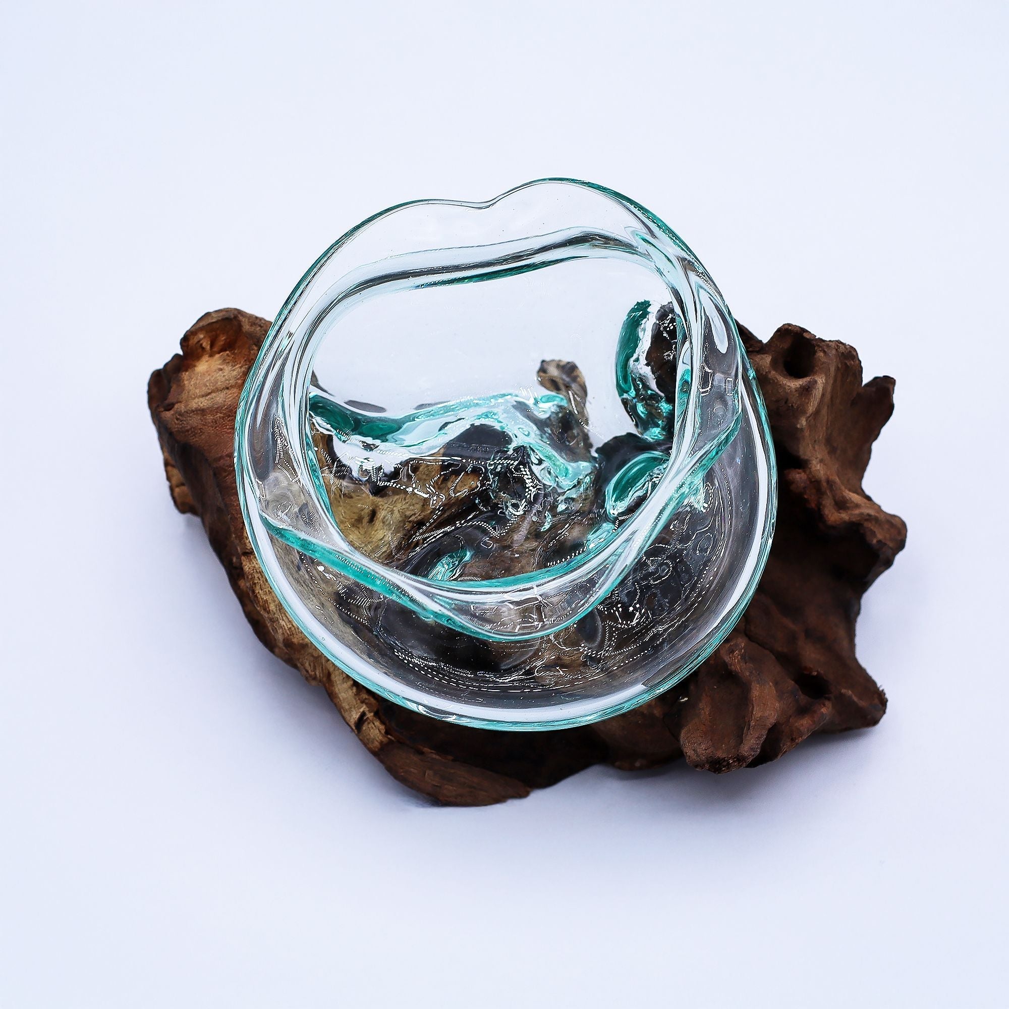 Molten Glass on Wood Bowl, 18cm Wavy (Hand-Blown Recycled Glass) - Molten Root