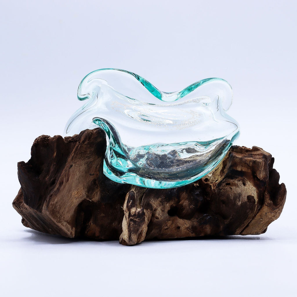 Molten Glass on Wood Bowl, 18cm Wavy (Hand-Blown Recycled Glass) - Molten Root
