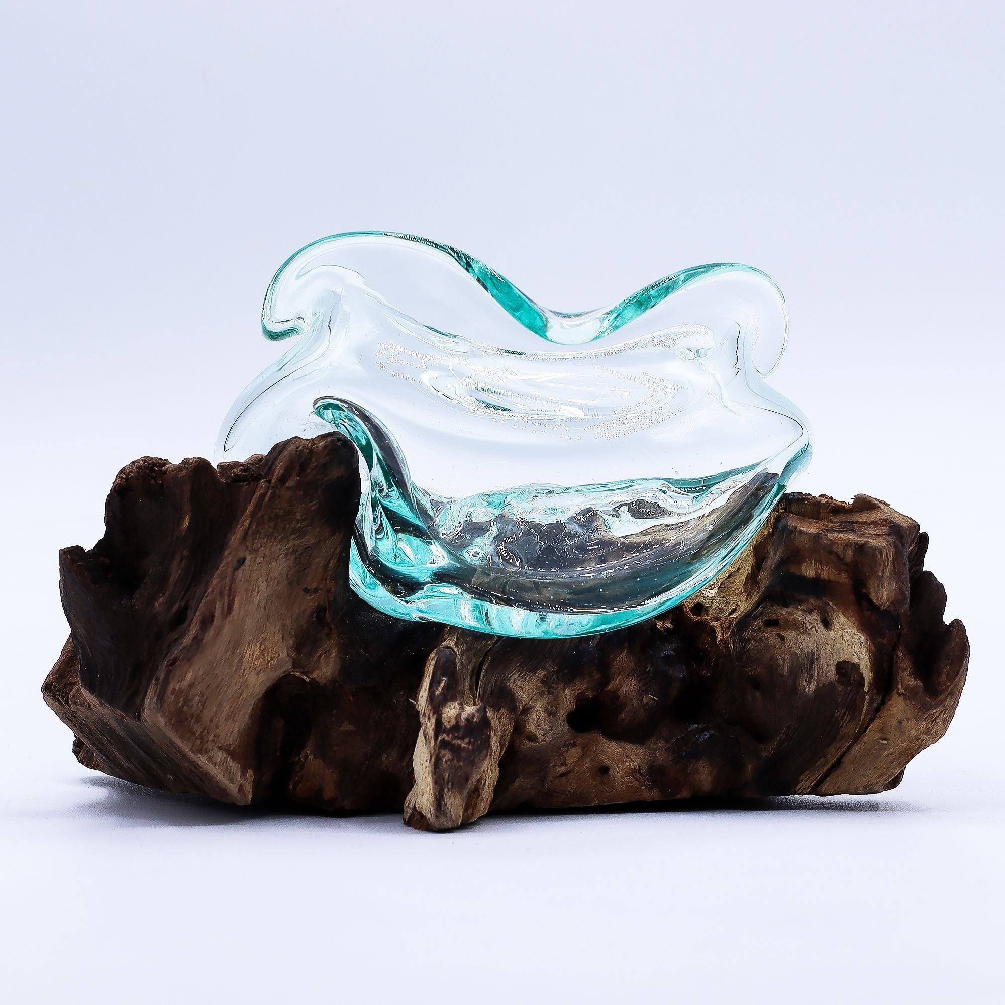 Molten Glass on Wood Bowl, 18cm Wavy (Hand-Blown Recycled Glass) - Molten Root