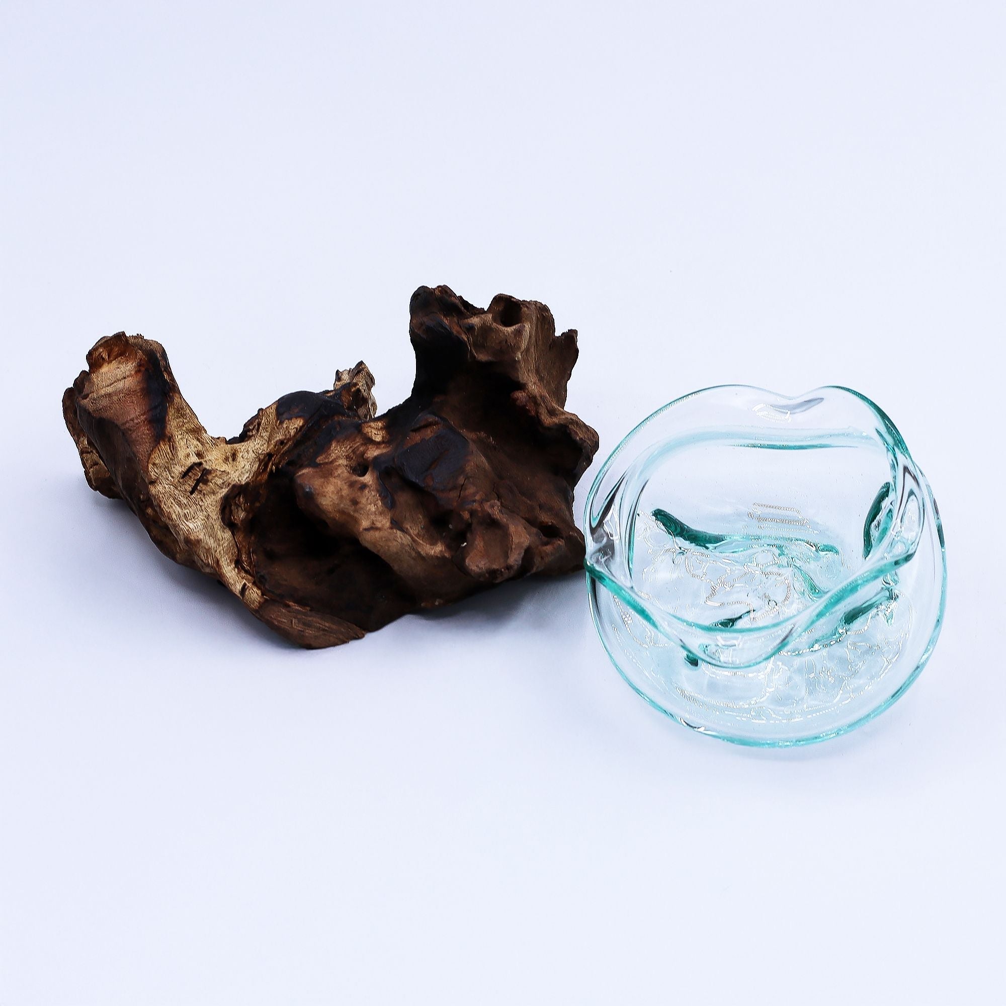 Molten Glass on Wood Bowl, 18cm Wavy (Hand-Blown Recycled Glass) - Molten Root