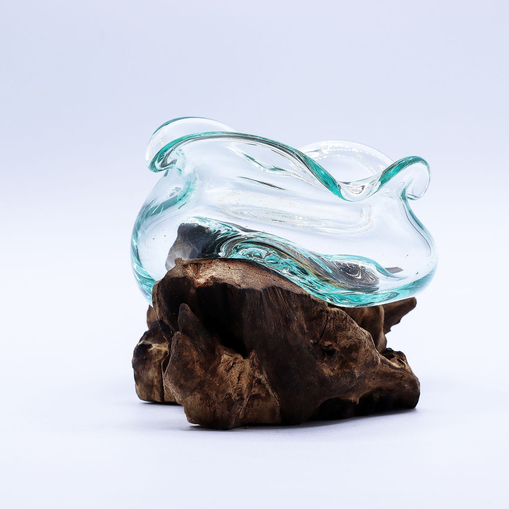 Molten Glass on Wood Bowl, 18cm Wavy (Hand-Blown Recycled Glass) - Molten Root