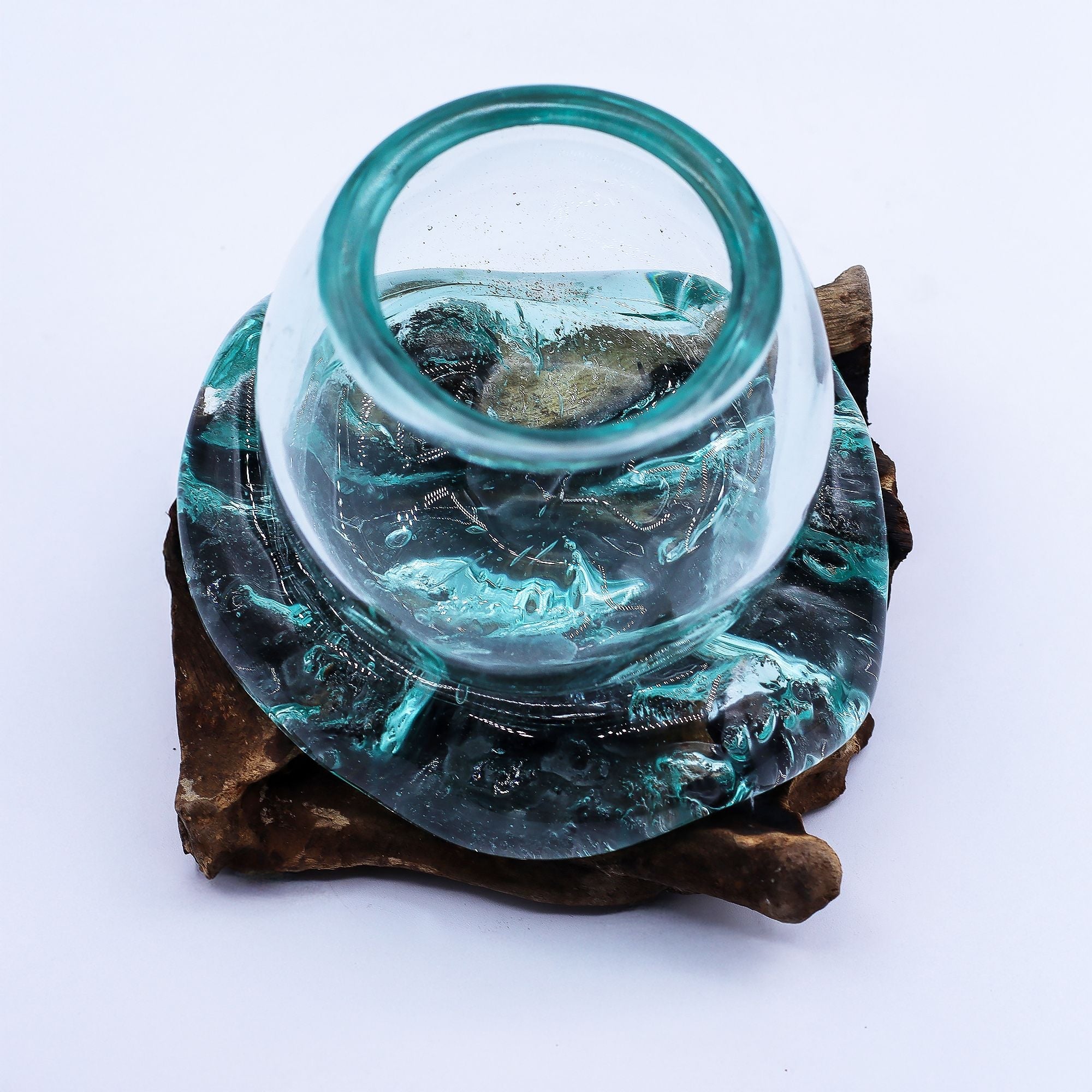 Molten Glass on Wood Bowl, 20cm Goldfish Bowl (Recycled Glass) - Molten Root