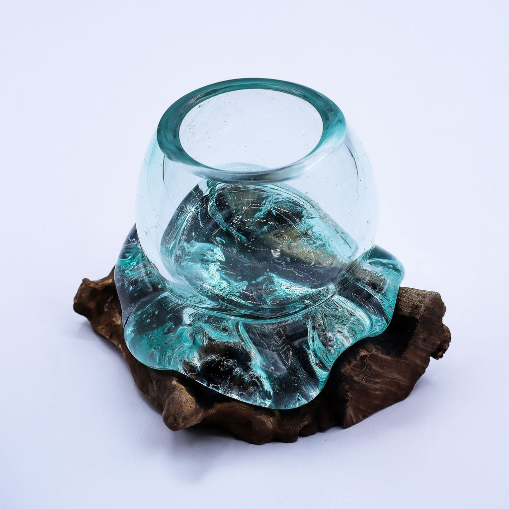 Molten Glass on Wood Bowl, 20cm Goldfish Bowl (Recycled Glass) - Molten Root