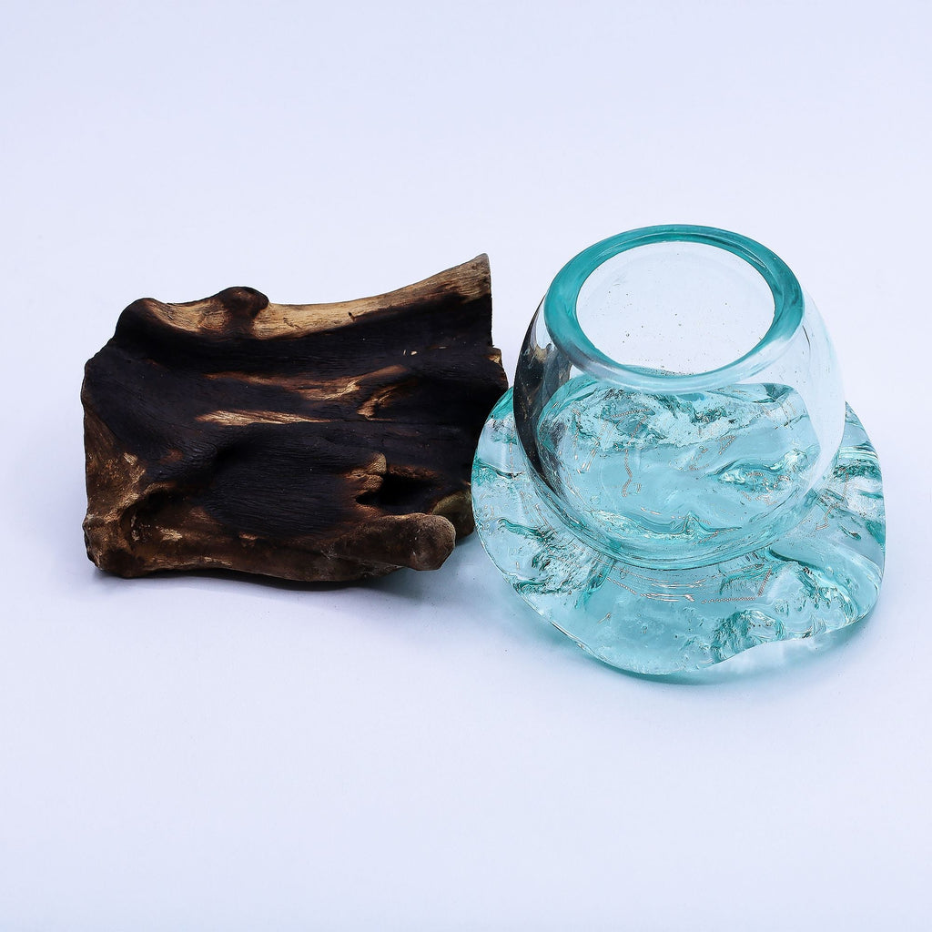 Molten Glass on Wood Bowl, 20cm Goldfish Bowl (Recycled Glass) - Molten Root