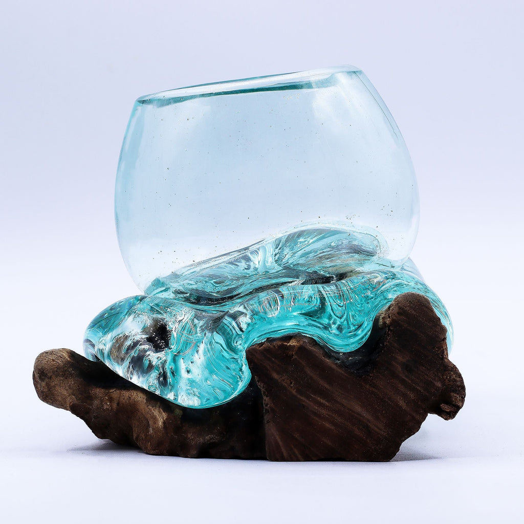 Molten Glass on Wood Bowl, 20cm Goldfish Bowl (Recycled Glass) - Molten Root