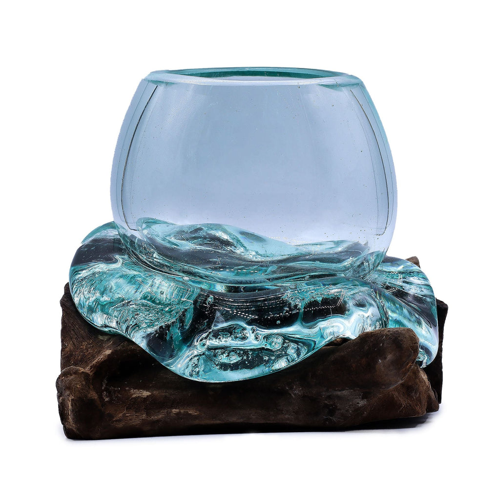 Molten Glass on Wood Bowl, 20cm Goldfish Bowl (Recycled Glass) - Molten Root