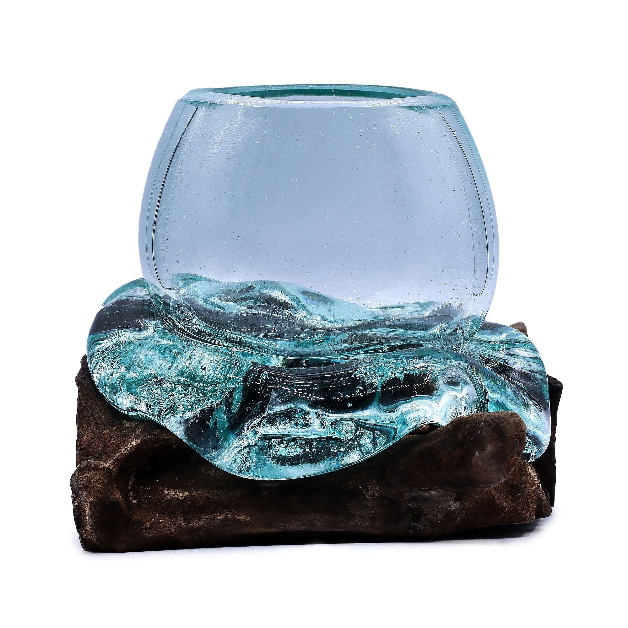 Molten Glass on Wood Bowl, 20cm Goldfish Bowl (Recycled Glass) - Molten Root