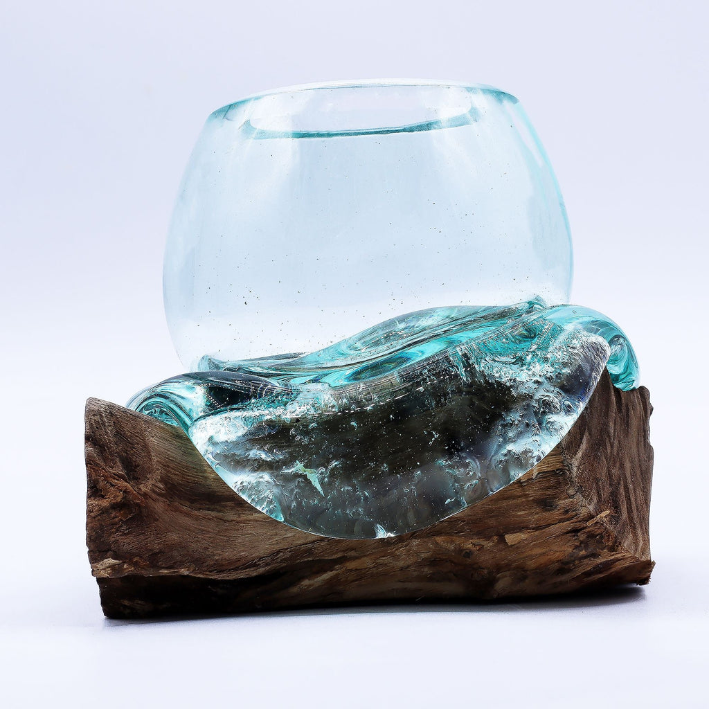 Molten Glass on Wood Bowl, 20cm Goldfish Bowl (Recycled Glass) - Molten Root