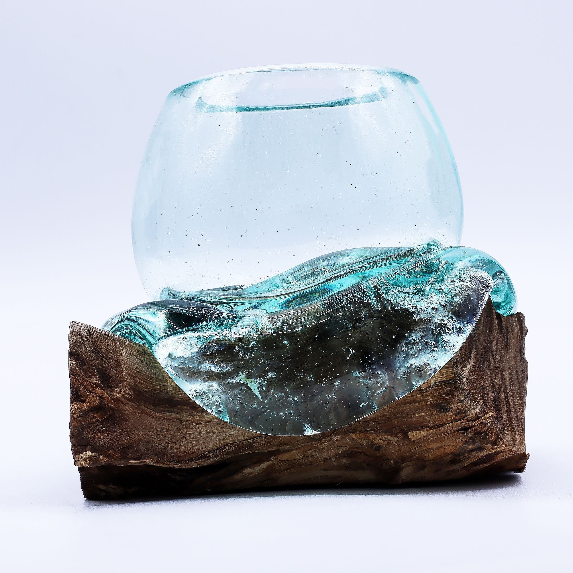 Molten Glass on Wood Bowl, 20cm Goldfish Bowl (Recycled Glass) - Molten Root