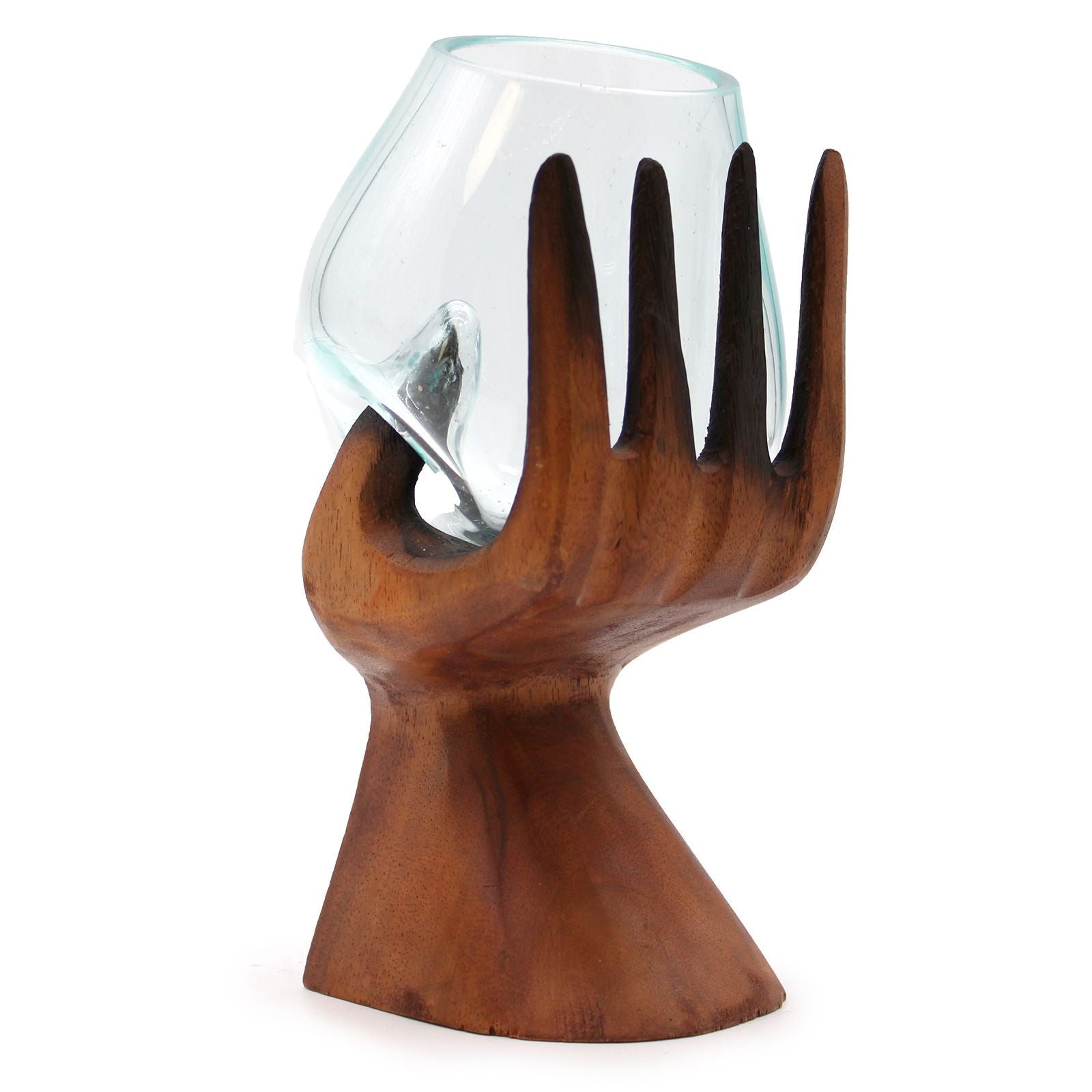 Molten Glass on Wood Bowl, Carved Hand (Hand-Blown Recycled Glass) - Molten Root