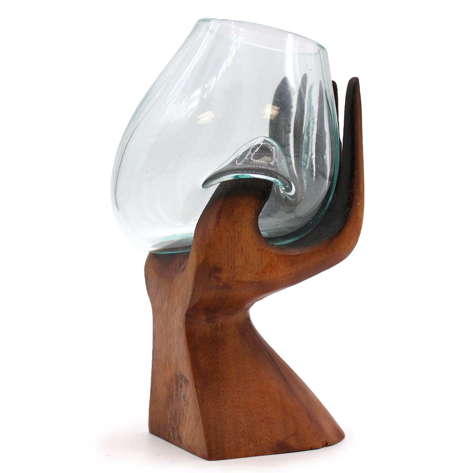 Molten Glass on Wood Bowl, Carved Hand (Hand-Blown Recycled Glass) - Molten Root