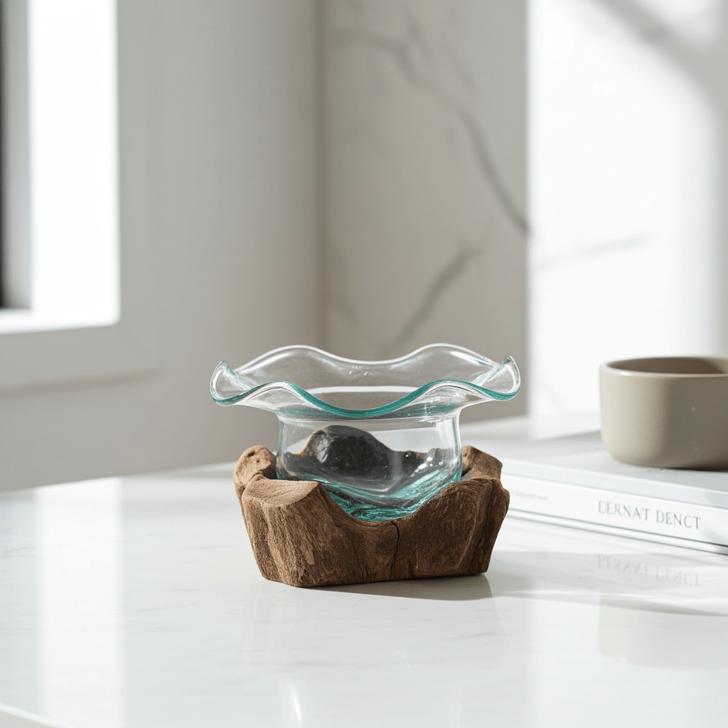 Molten Glass on Wood Bowl (Hand-Blown Recycled Glass) - Molten Root