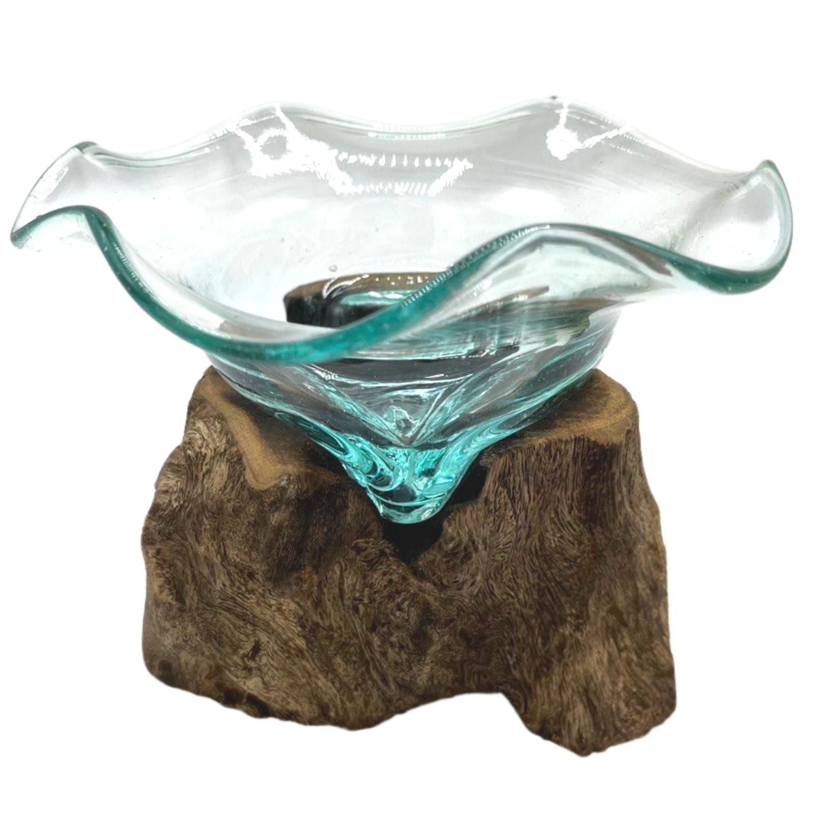Molten Glass on Wood Bowl (Hand-Blown Recycled Glass) - Molten Root