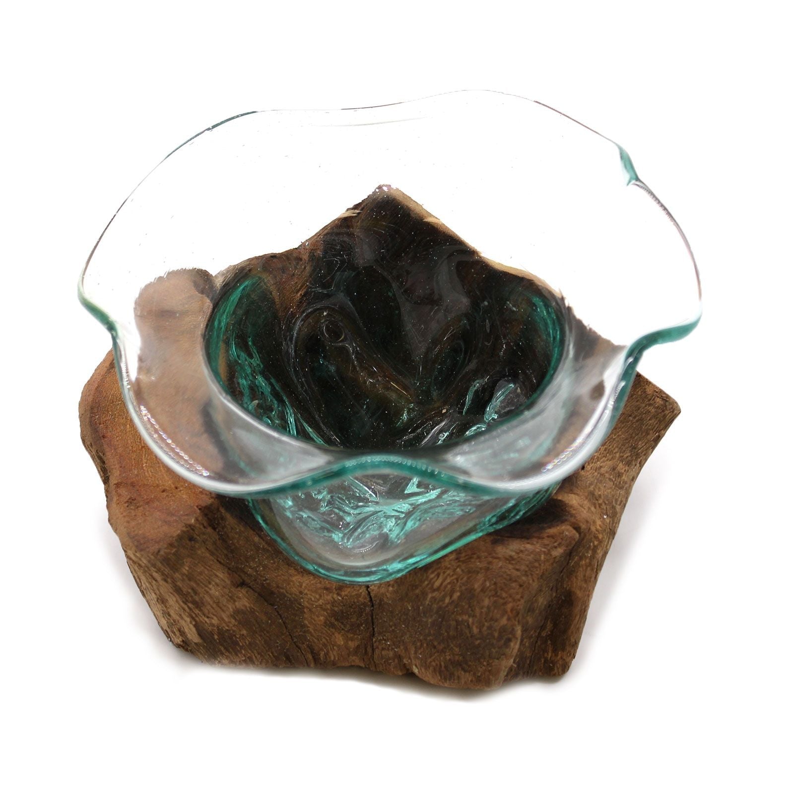 Molten Glass on Wood Bowl (Hand-Blown Recycled Glass) - Molten Root