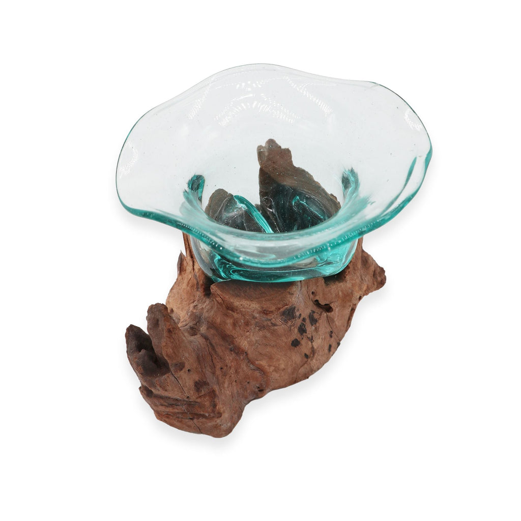 Molten Glass on Wood Bowl (Hand-Blown Recycled Glass) - Molten Root