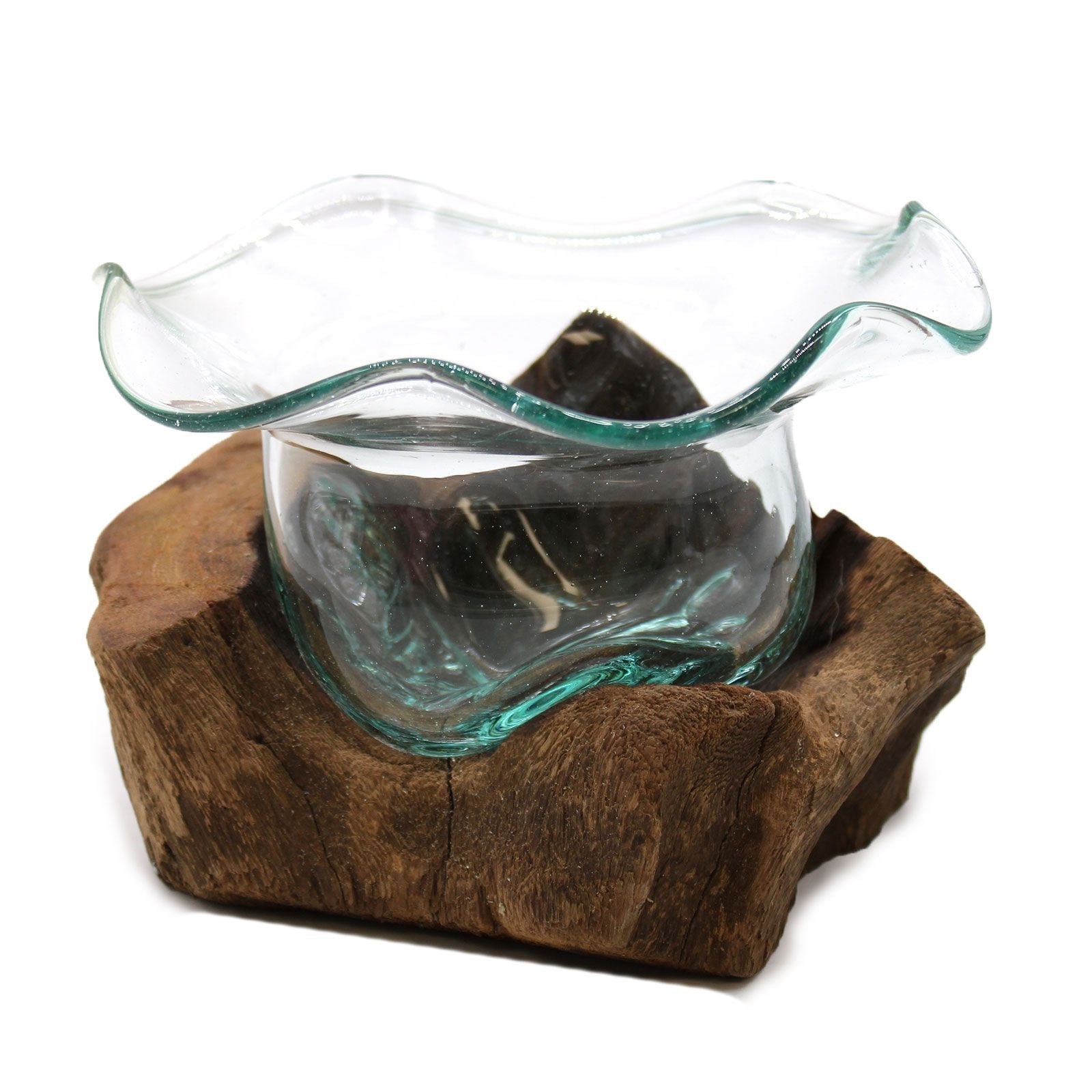 Molten Glass on Wood Bowl (Hand-Blown Recycled Glass) - Molten Root