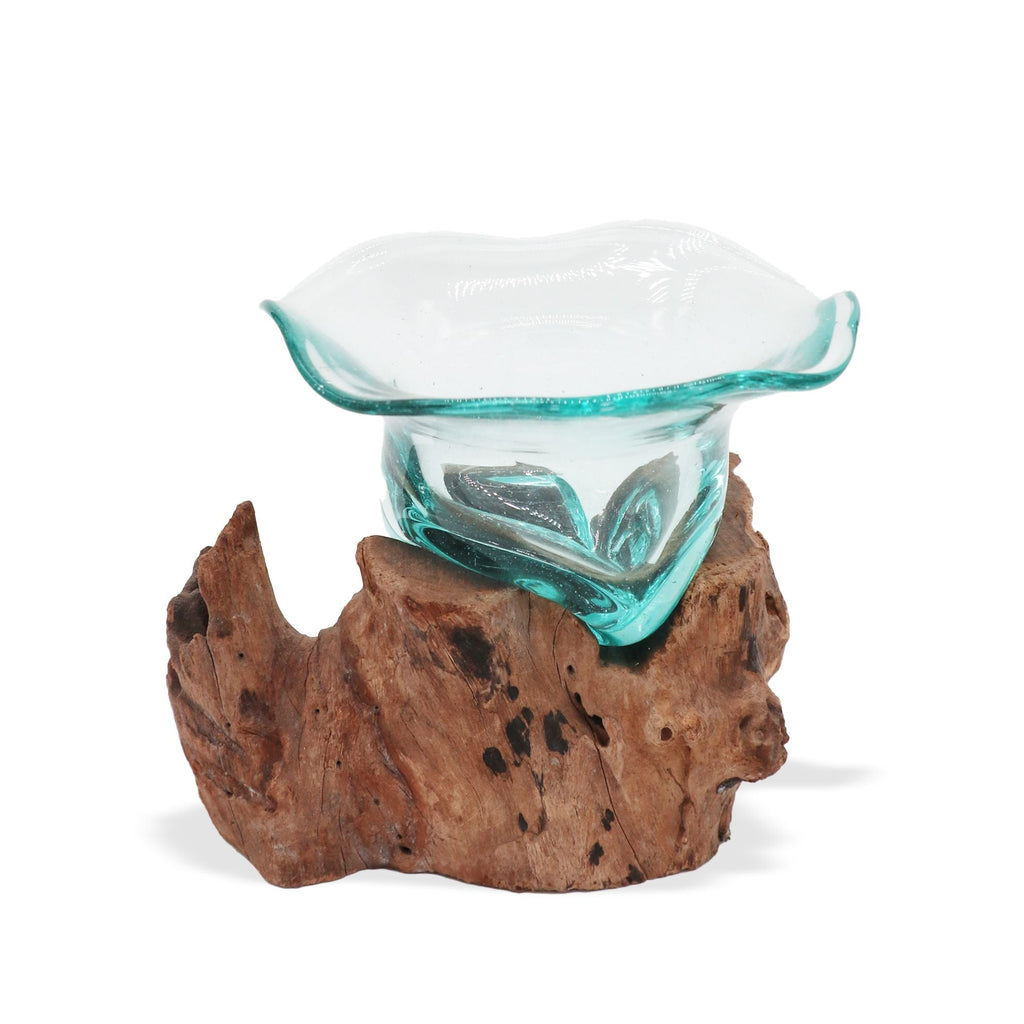 Molten Glass on Wood Bowl (Hand-Blown Recycled Glass) - Molten Root