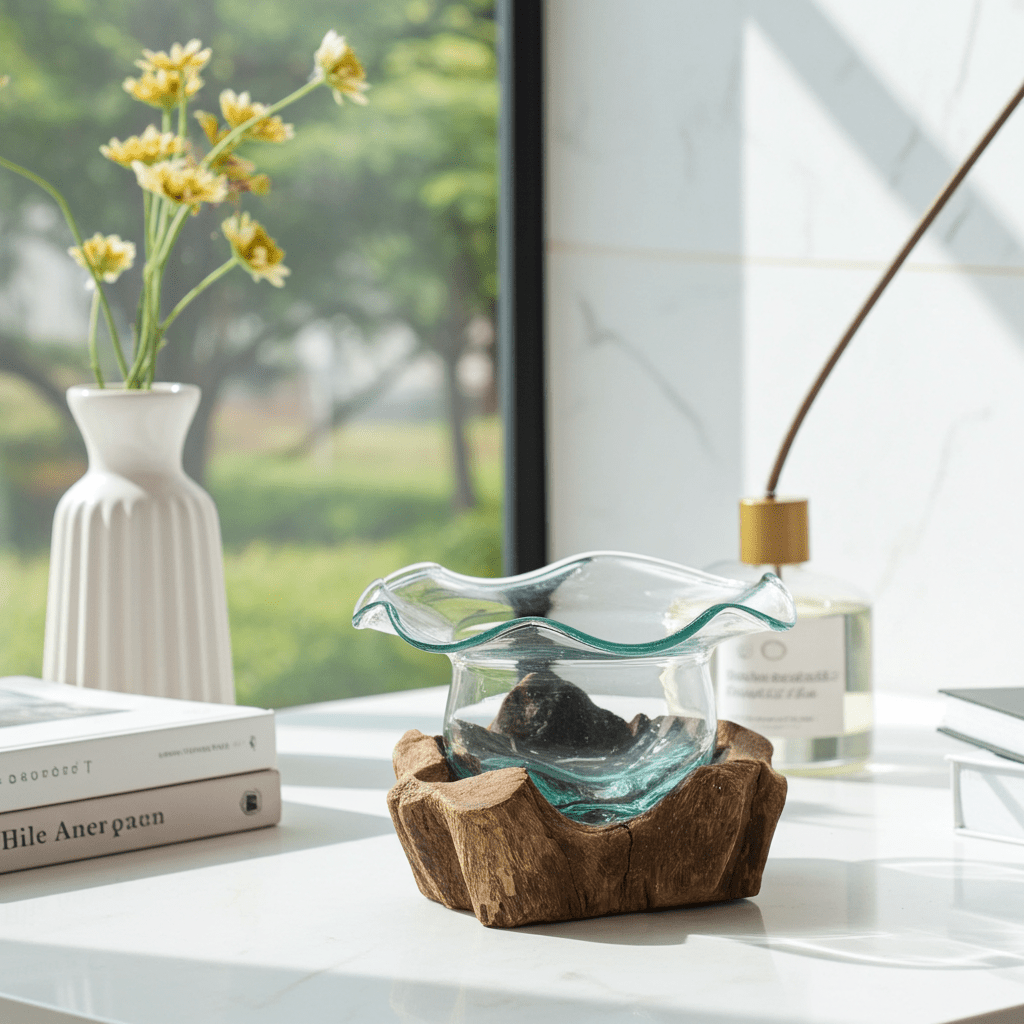Molten Glass on Wood Bowl (Hand-Blown Recycled Glass) - Molten Root