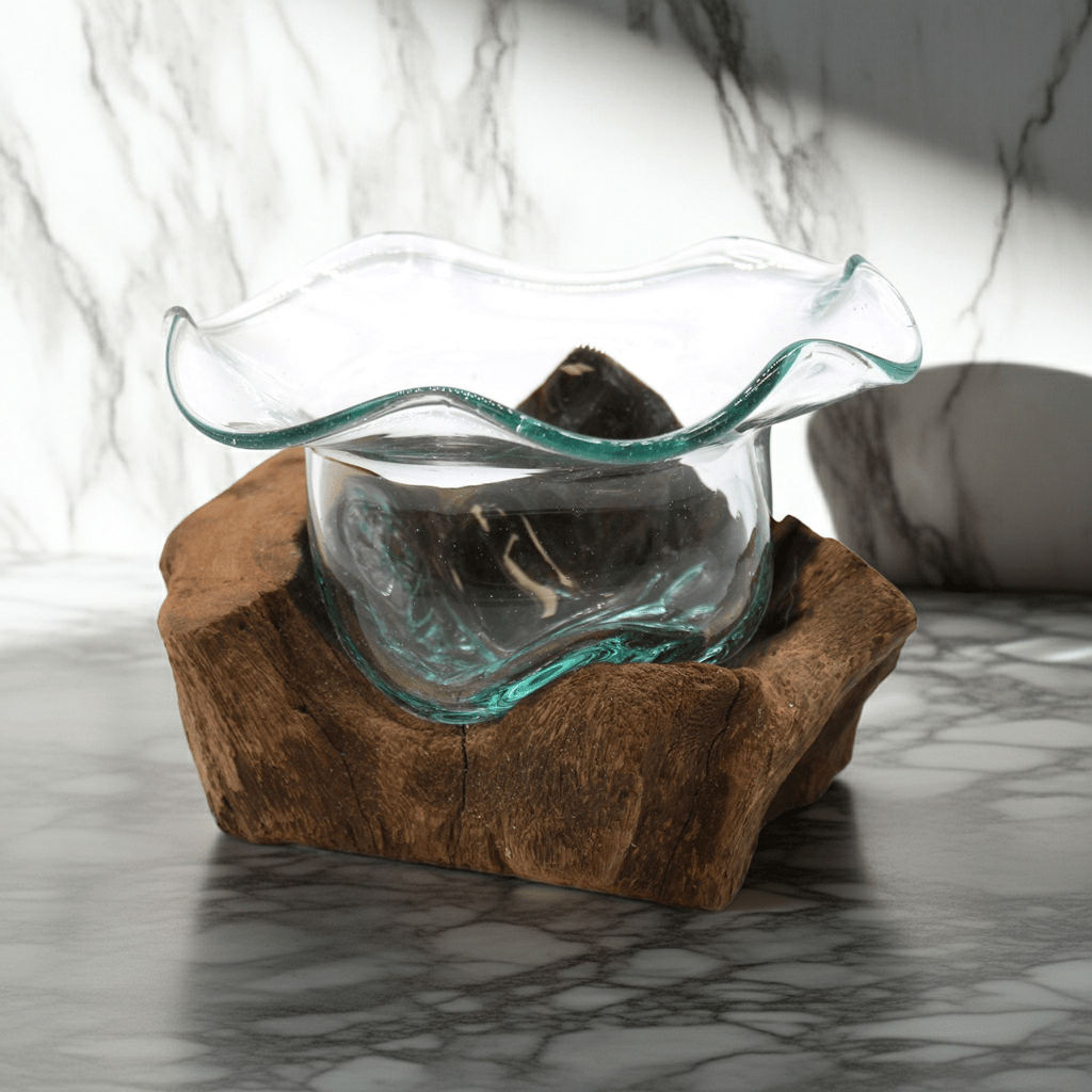 Molten Glass on Wood Bowl (Hand-Blown Recycled Glass) - Molten Root