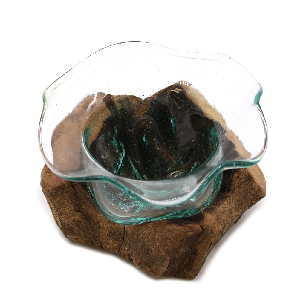 Molten Glass on Wood Bowl (Hand-Blown Recycled Glass) - Molten Root