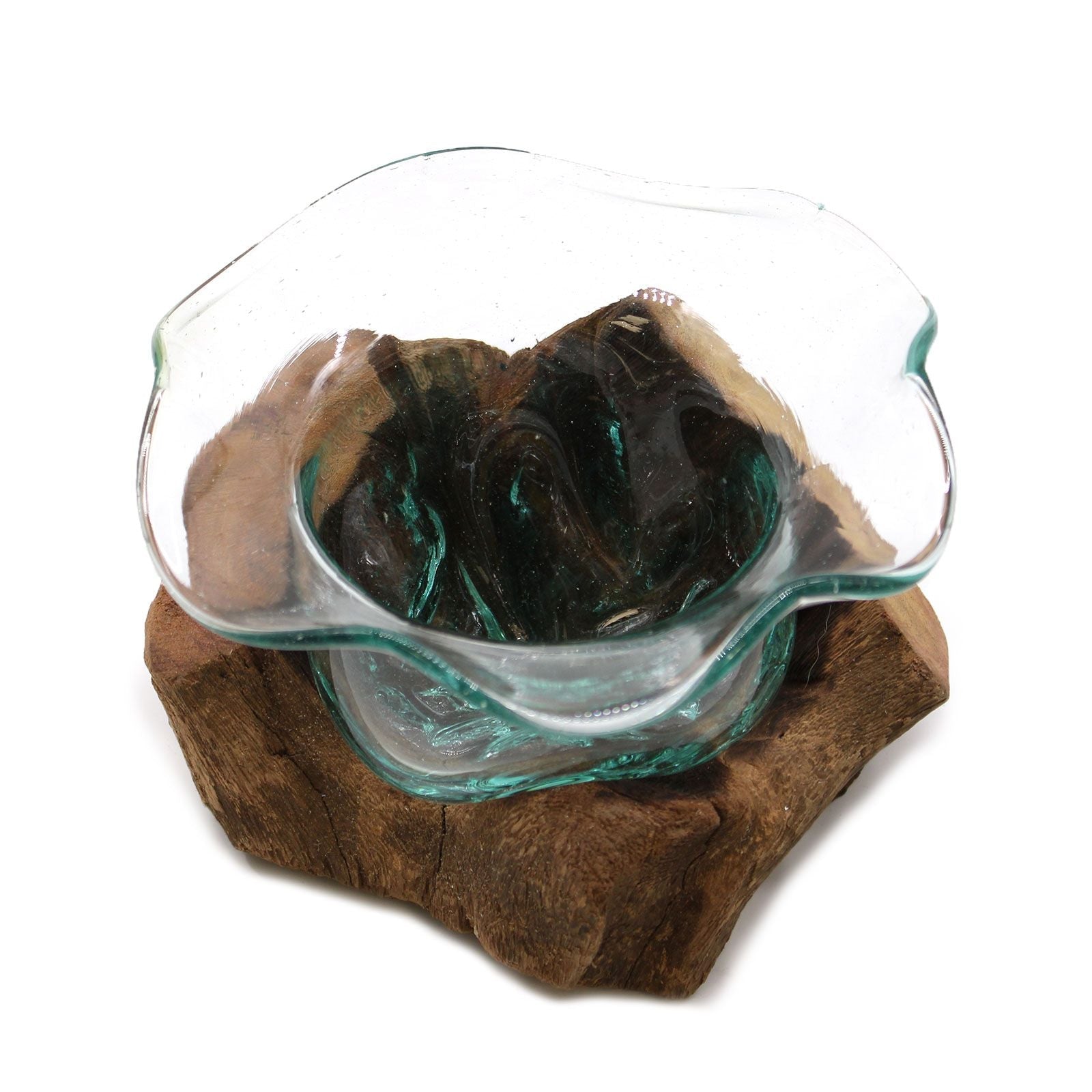 Molten Glass on Wood Bowl (Hand-Blown Recycled Glass) - Molten Root