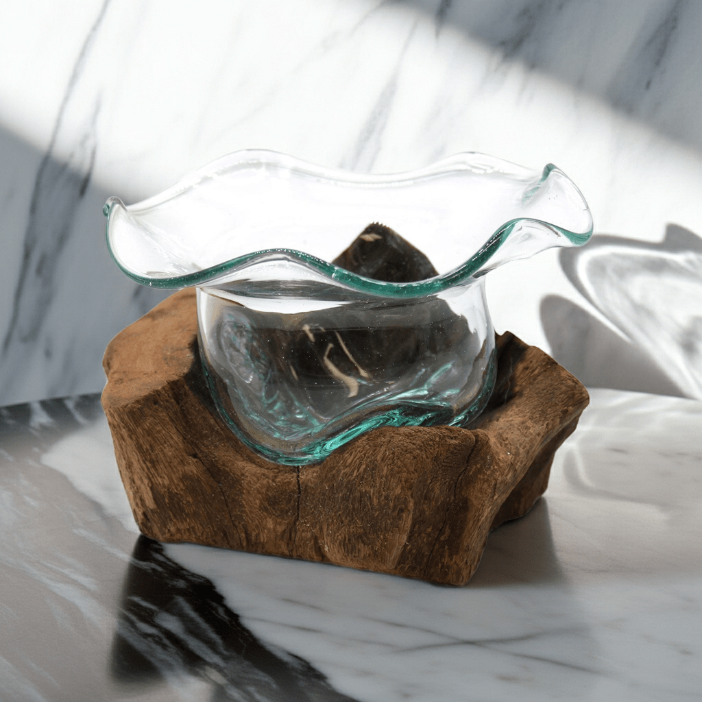 Molten Glass on Wood Bowl (Hand-Blown Recycled Glass) - Molten Root