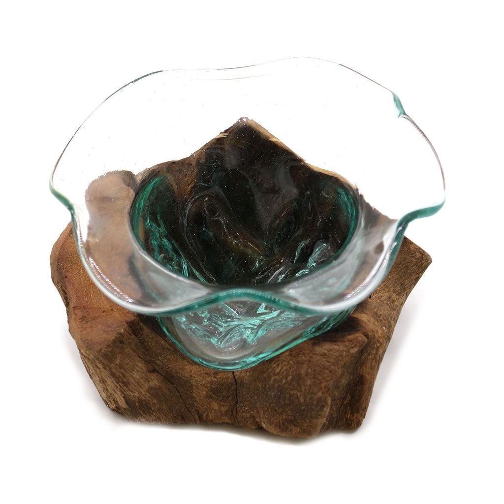 Molten Glass on Wood Bowl (Hand-Blown Recycled Glass) - Molten Root