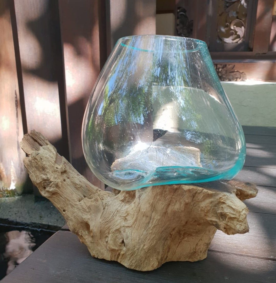 Molten Glass on Wood Bowl, Large (Hand-Blown Recycled Glass) - Molten Root