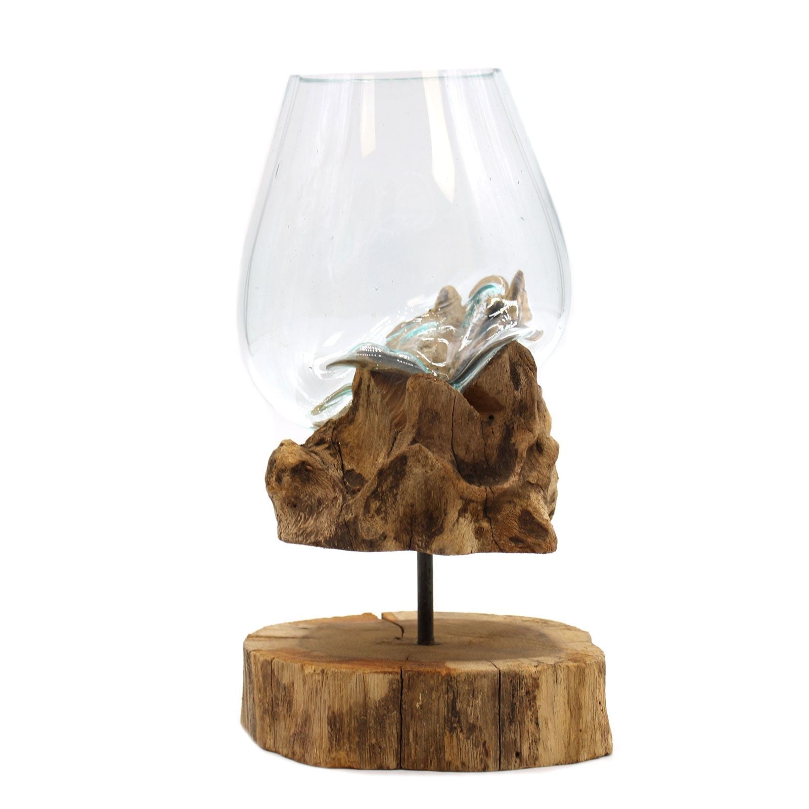 Molten Glass on Wood Bowl with Stand, Large (Hand-Blown Recycled Glass)