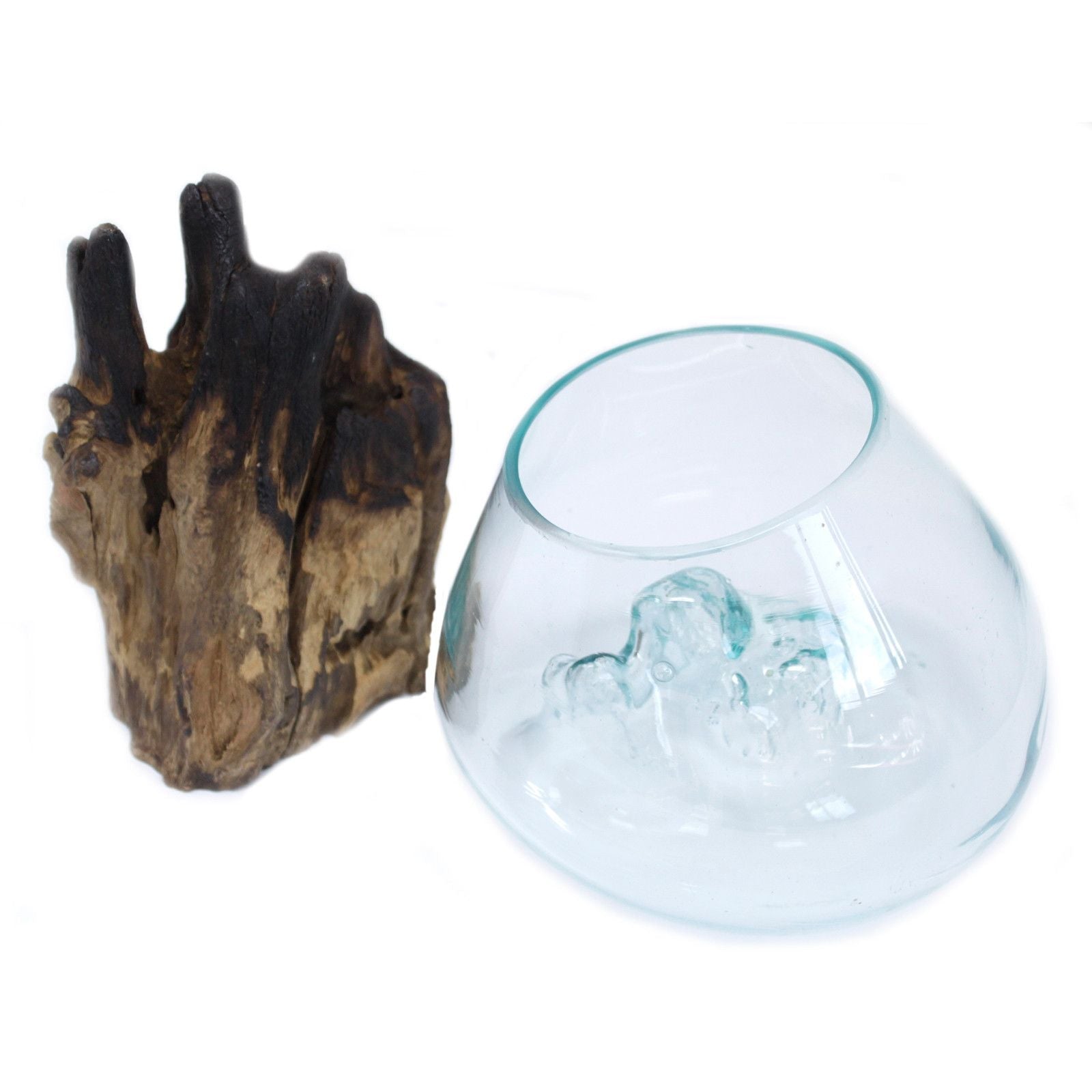 Molten Glass on Wood Bowl, Large (Hand-Blown Recycled Glass) - Molten Root