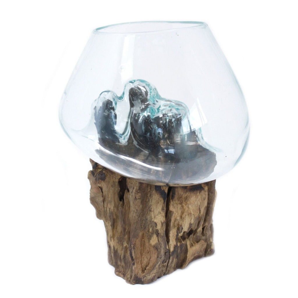 Molten Glass on Wood Bowl, Large (Hand-Blown Recycled Glass) - Molten Root