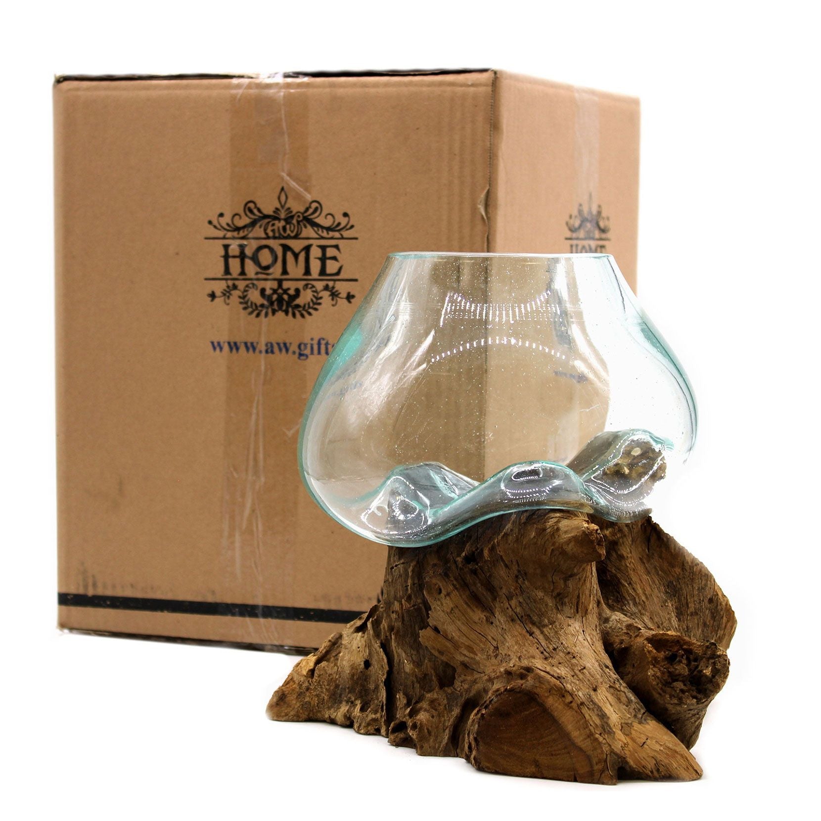 Molten Glass on Wood Bowl, Large (Hand-Blown Recycled Glass) - Molten Root