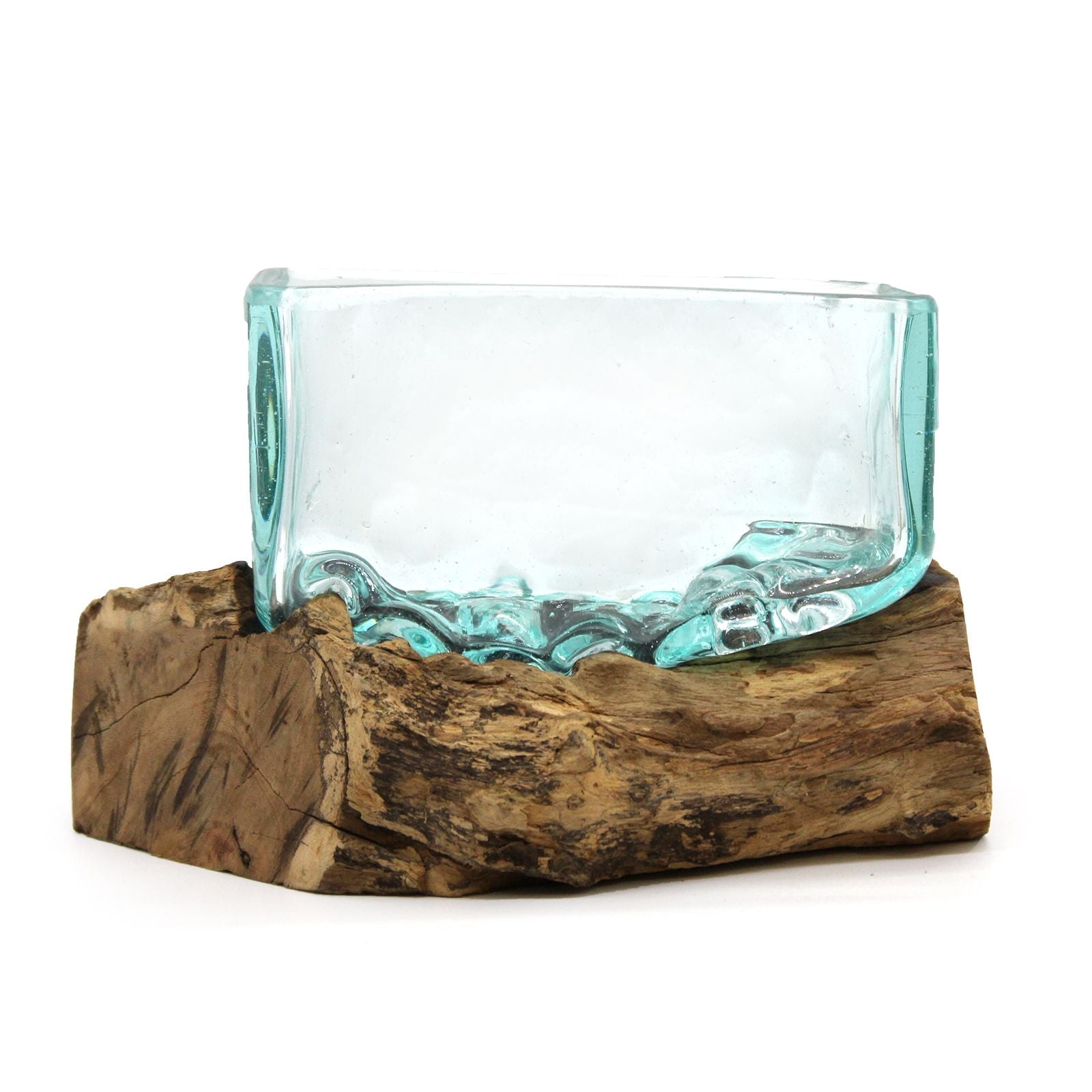 Molten Glass on Wood Bowl with Stand, Medium (Hand-Blown Recycled Glass)