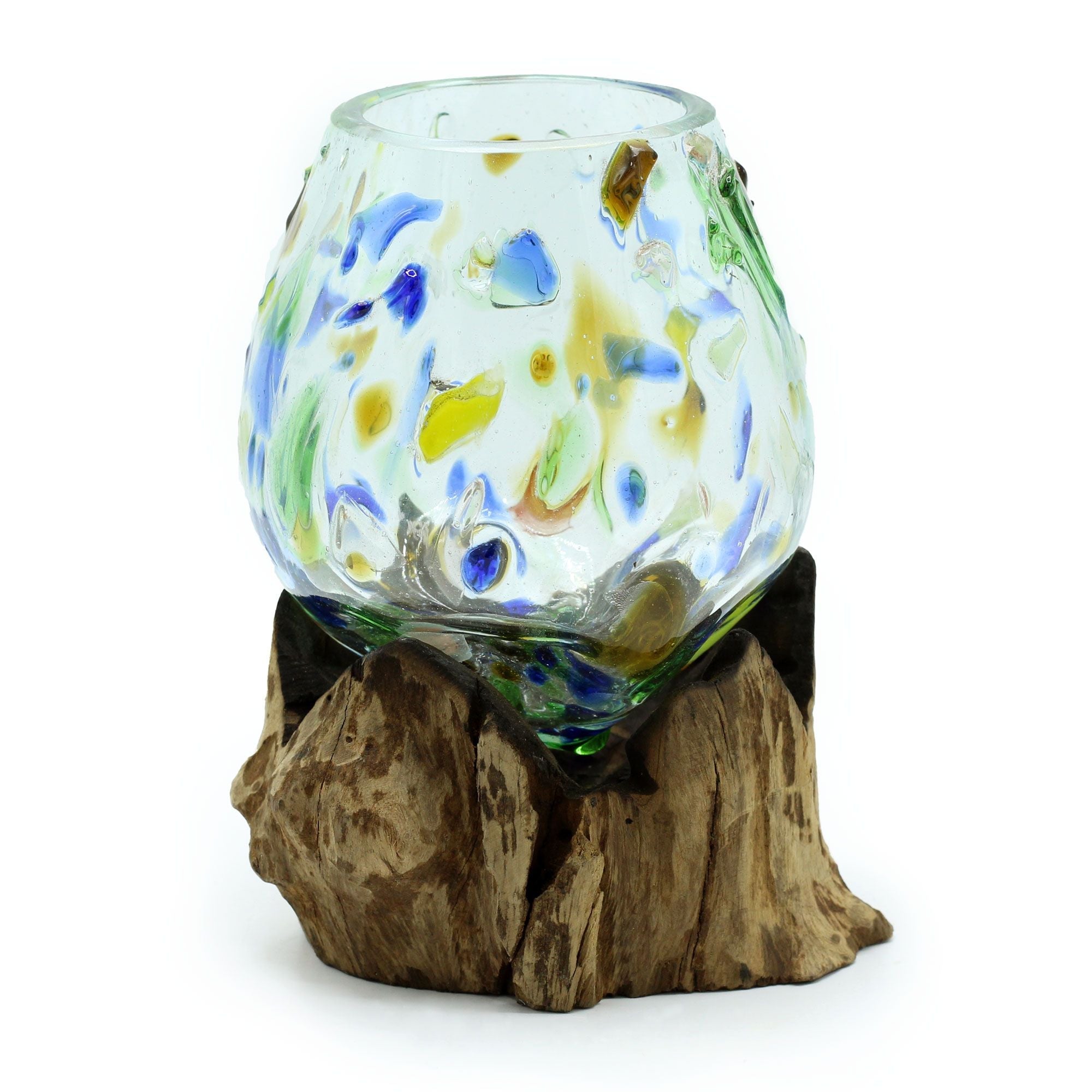 Molten Coloured Glass on Wood Bowl, Medium (Hand-Blown Recycled Glass)