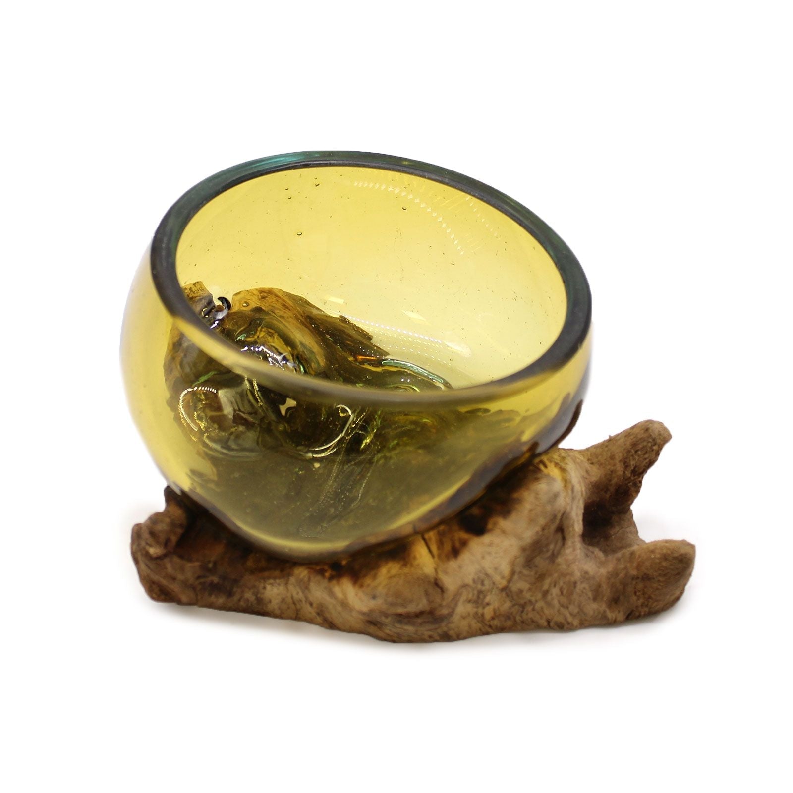 Molten Glass on Wood Bowl, Mini Amber (Hand-Blown Recycled Glass) - Molten Root