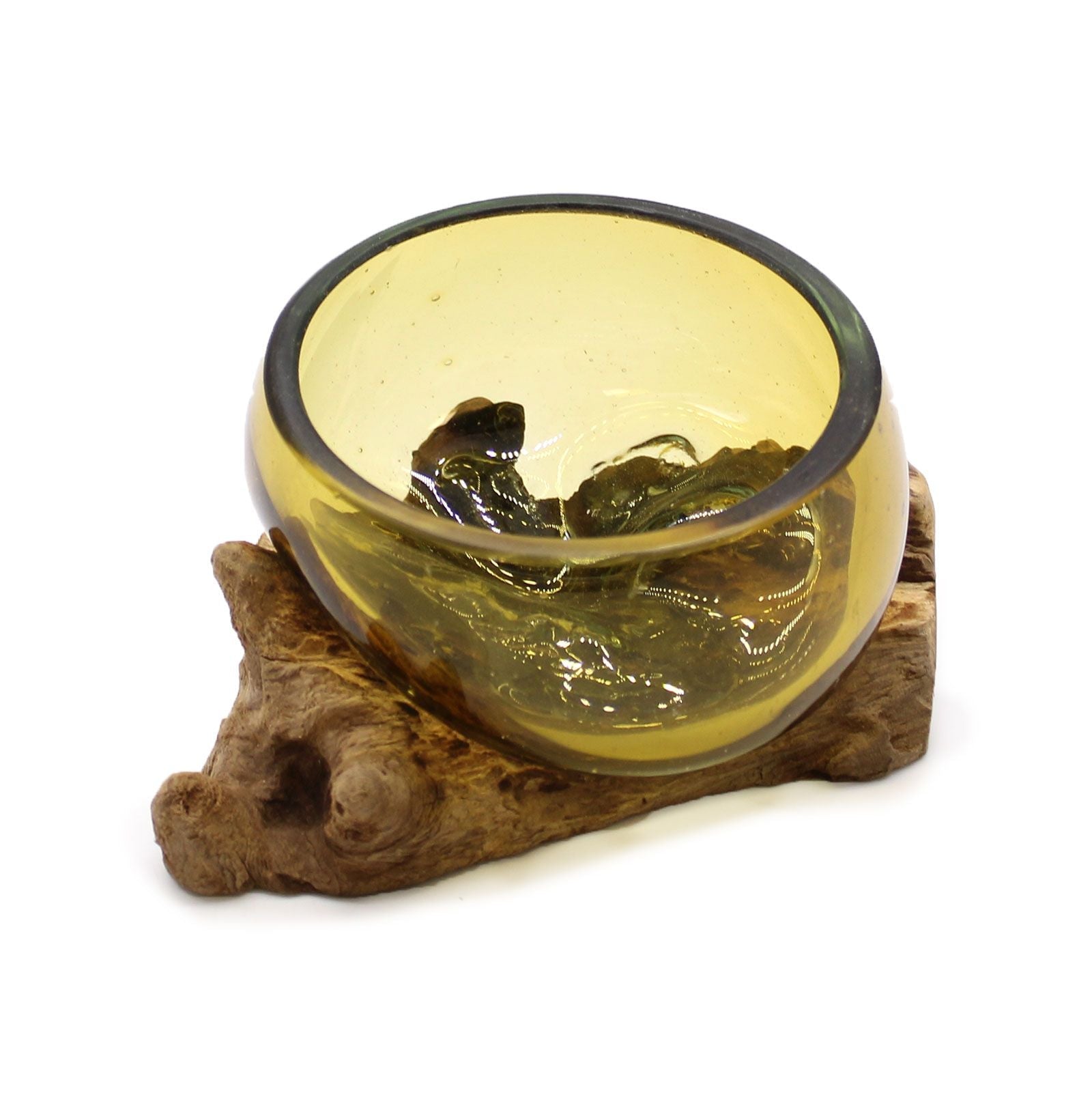 Molten Glass on Wood Bowl, Mini Amber (Hand-Blown Recycled Glass) - Molten Root