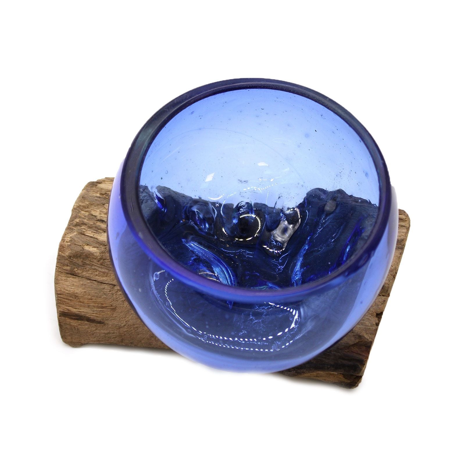 Molten Glass on Wood Bowl, Mini Blue (Hand-Blown Recycled Glass) - Molten Root