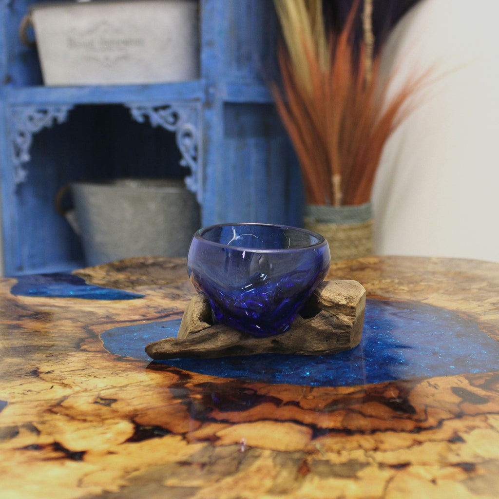 Molten Glass on Wood Bowl, Mini Blue (Hand-Blown Recycled Glass) - Molten Root