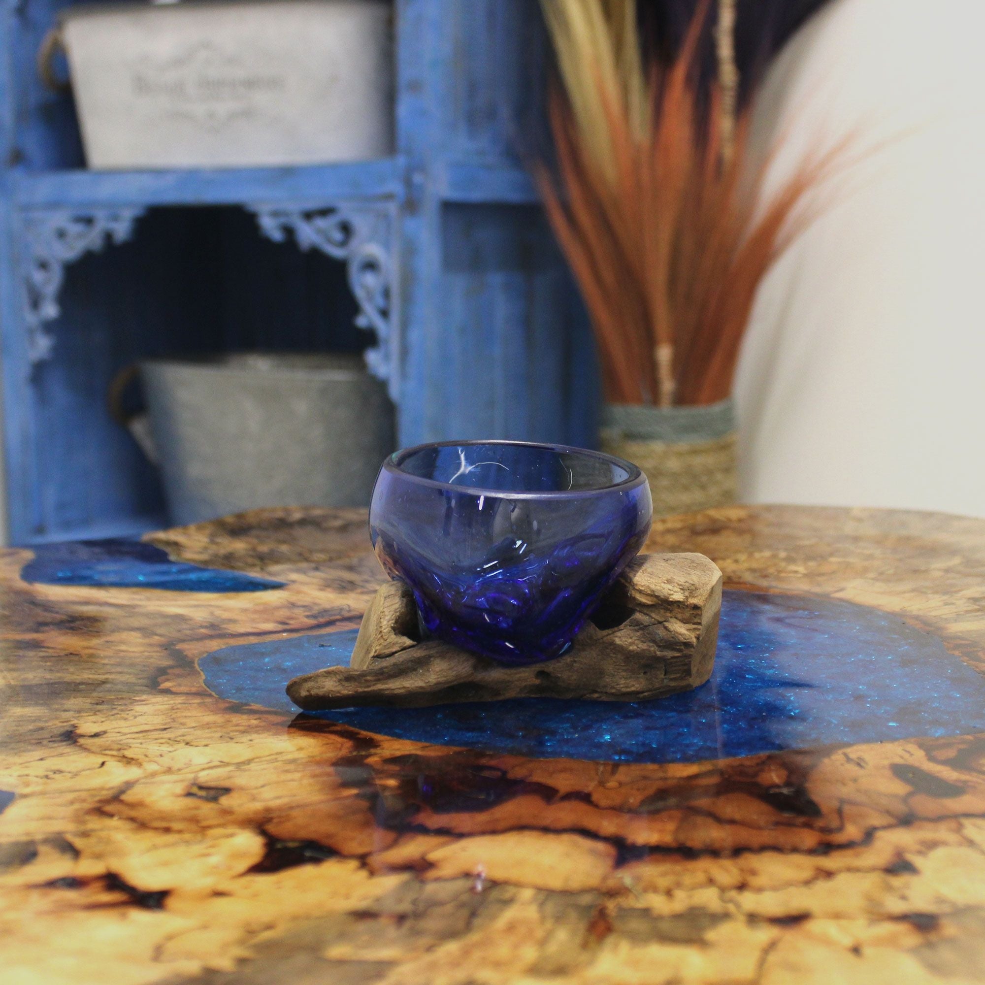 Molten Glass on Wood Bowl, Mini Blue (Hand-Blown Recycled Glass) - Molten Root