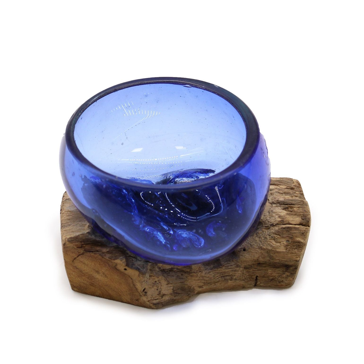 Molten Glass on Wood Bowl, Mini Blue (Hand-Blown Recycled Glass) - Molten Root