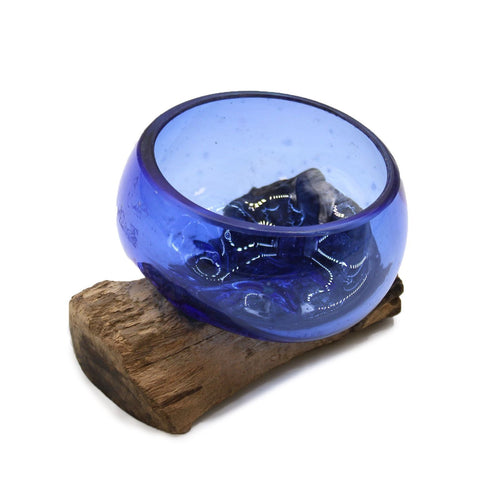 Molten Glass on Wood Bowl, Mini Blue (Hand-Blown Recycled Glass) - Molten Root