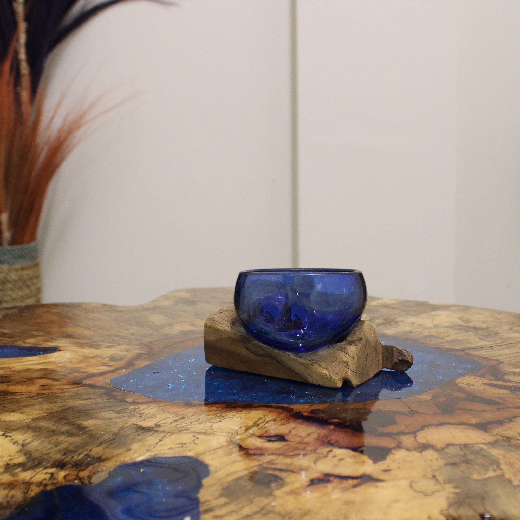 Molten Glass on Wood Bowl, Mini Blue (Hand-Blown Recycled Glass) - Molten Root