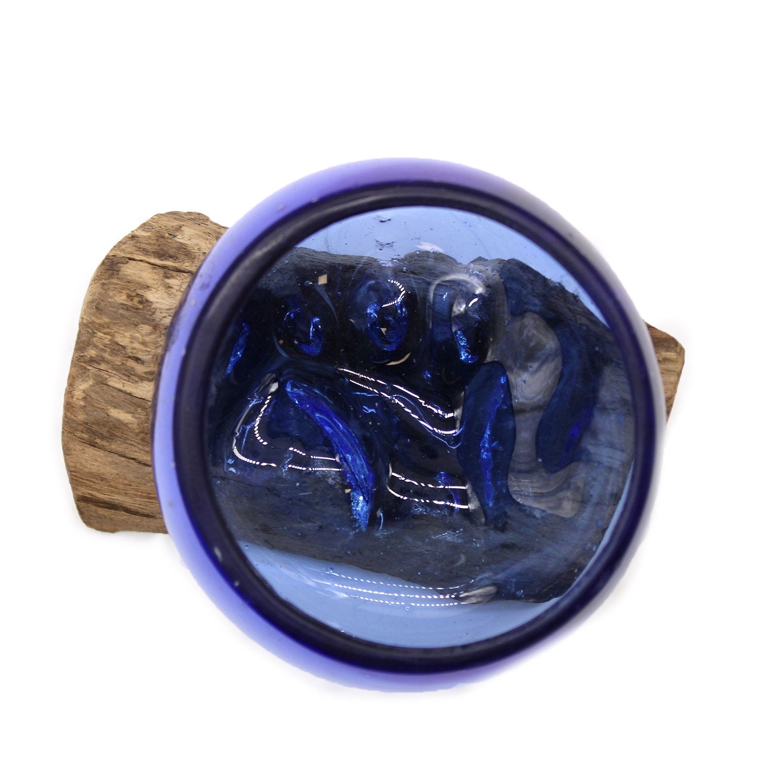 Molten Glass on Wood Bowl, Mini Blue (Hand-Blown Recycled Glass) - Molten Root