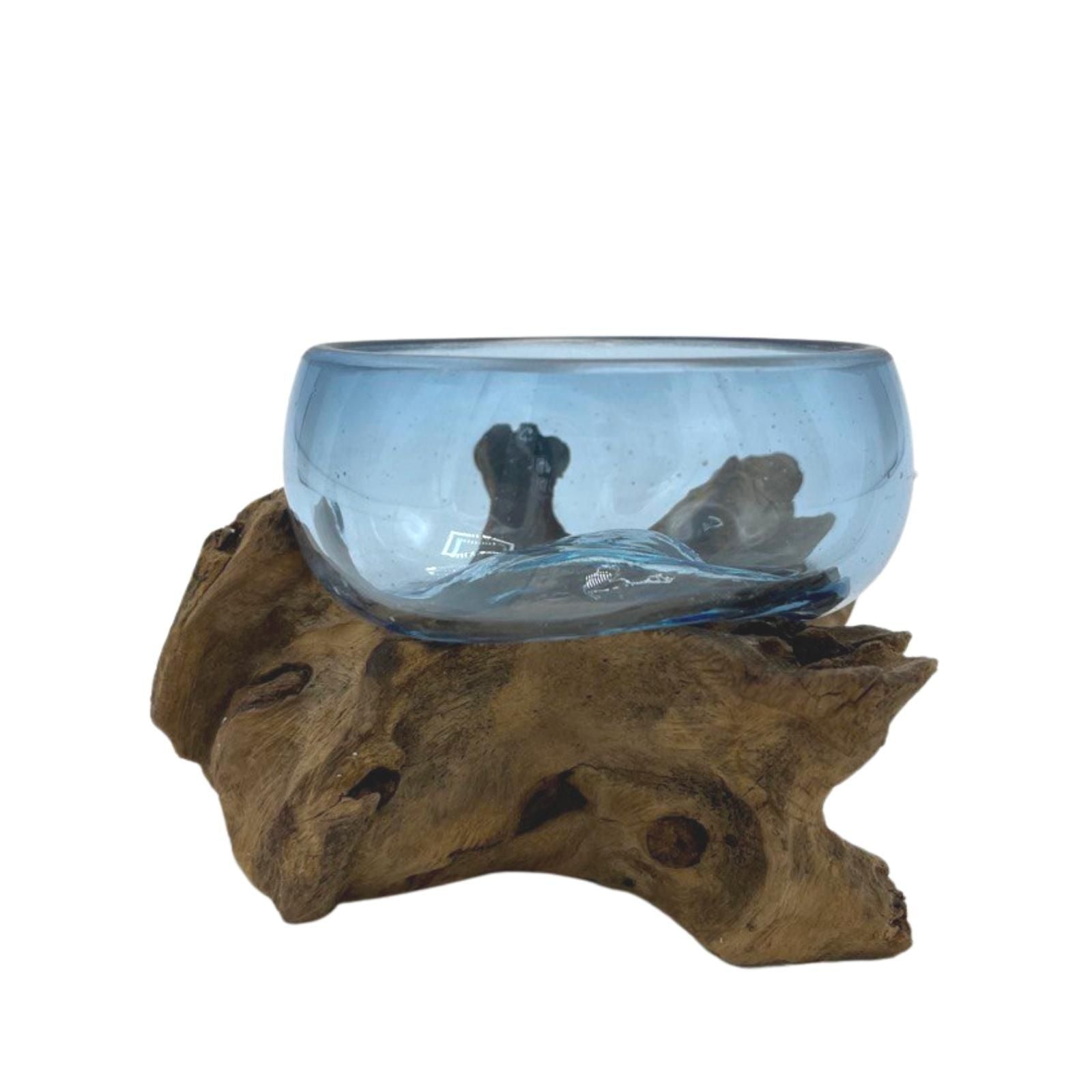Molten Glass on Wood Bowl, Mini Blue (Hand-Blown Recycled Glass) - Molten Root